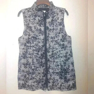 J. Jill Small 2 Way Zip Down Puffer Vest Long Length Black White Zip Pckts